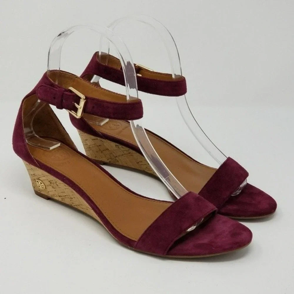 Tory Burch Savannah Cork Wedge Buckle Ankle Open Toe Burgundy Sandals Size 6.5